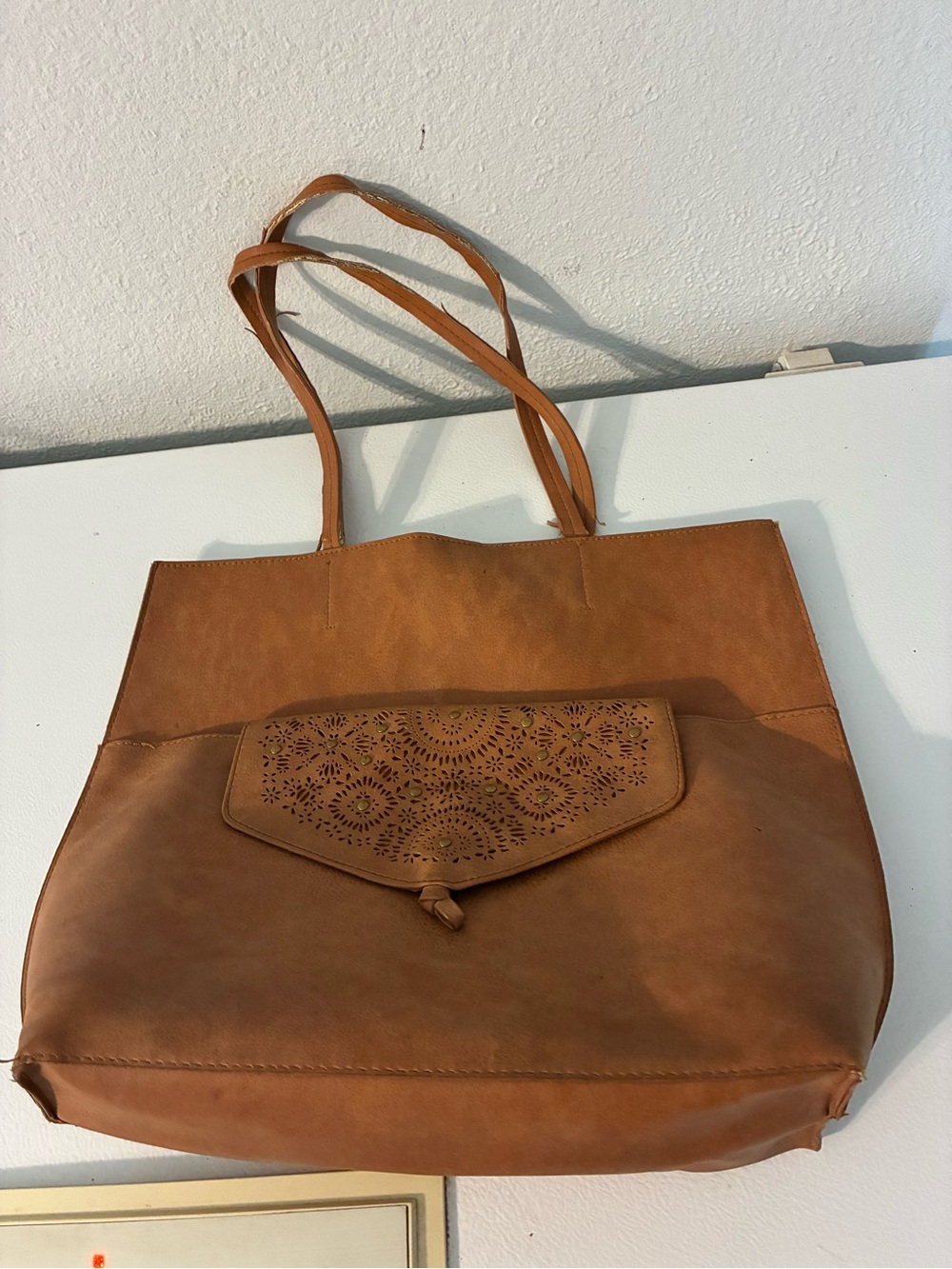 Leather Tote Bag with Laser-Cut Flap - Brown